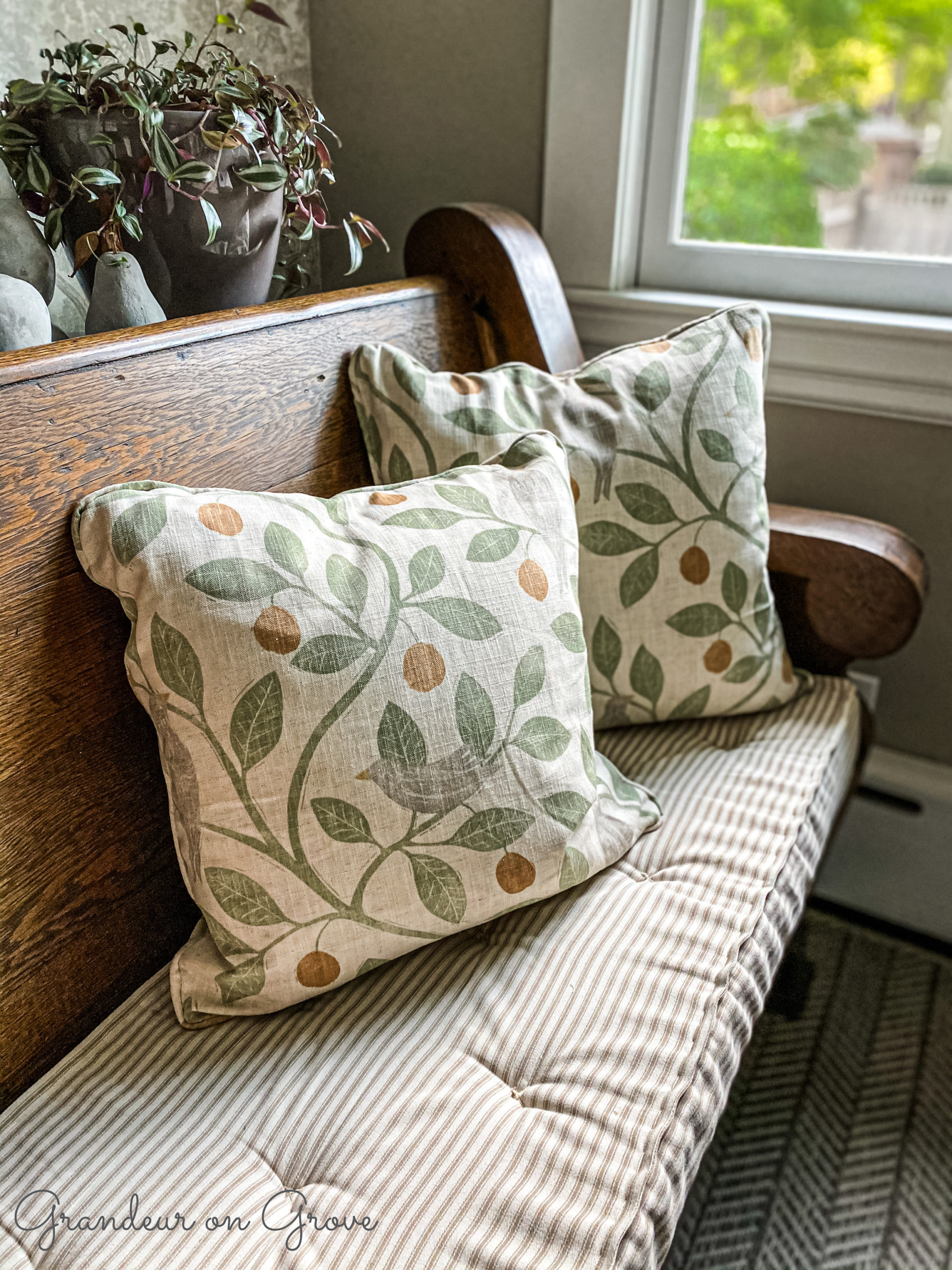 Two pillows made of leaf and bird fabric