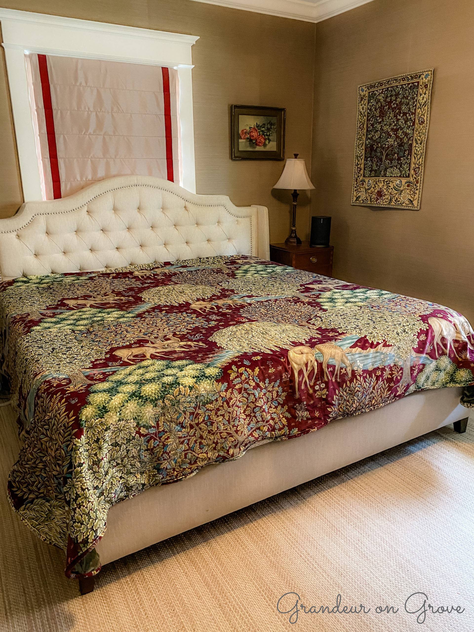 Velvet quilt in William Morris print, "The Brook"