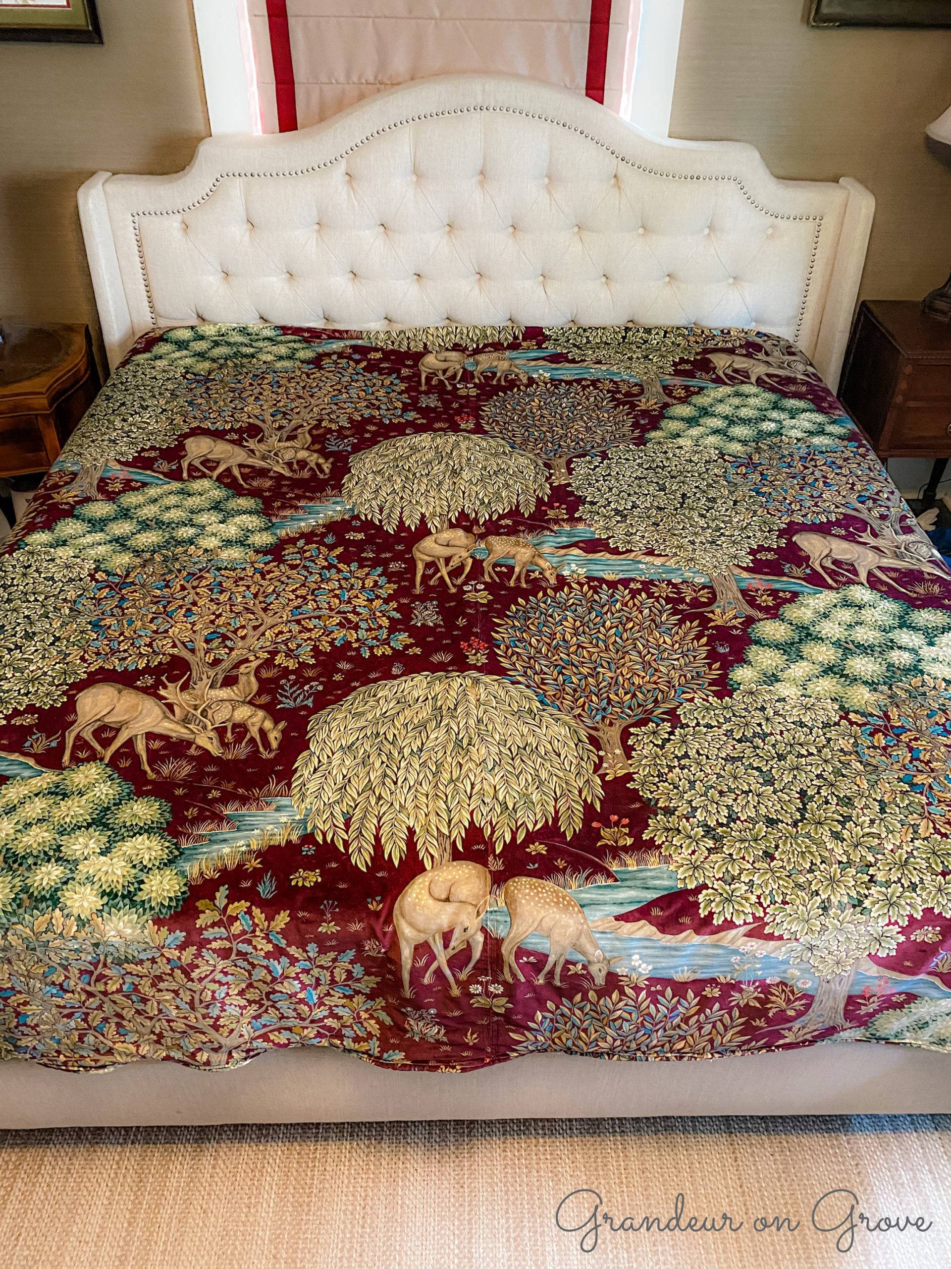 Velvet quilt in William Morris print, "The Brook"